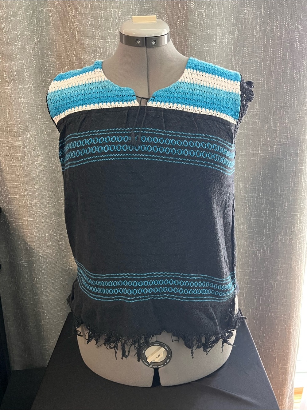 Women’s Navy Blue Crochet-Yoke Sleeveless Top
